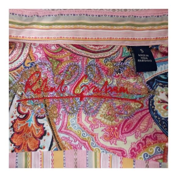 Robert Graham Shirt Button Up Embroidered 3/4 Sleeve Flip Cuff Women's Small - Picture 4 of 5